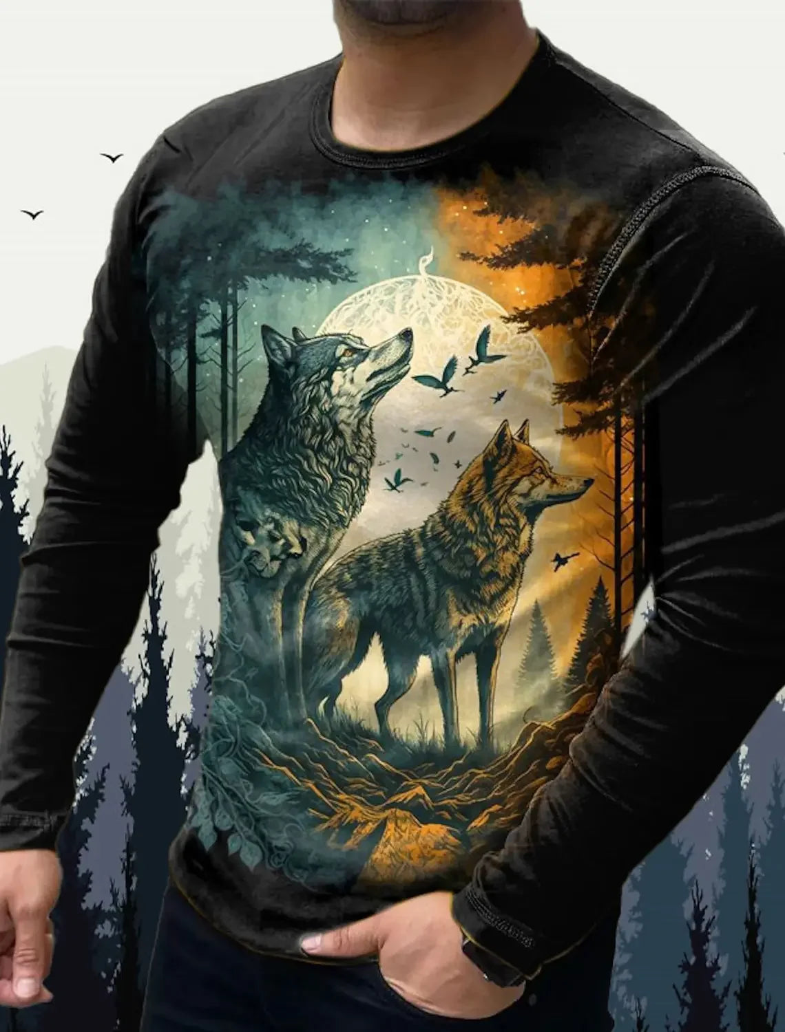 Men's T Shirts Vintage Animal Wolf Long Sleeve Tops Autumn Sweatshirt