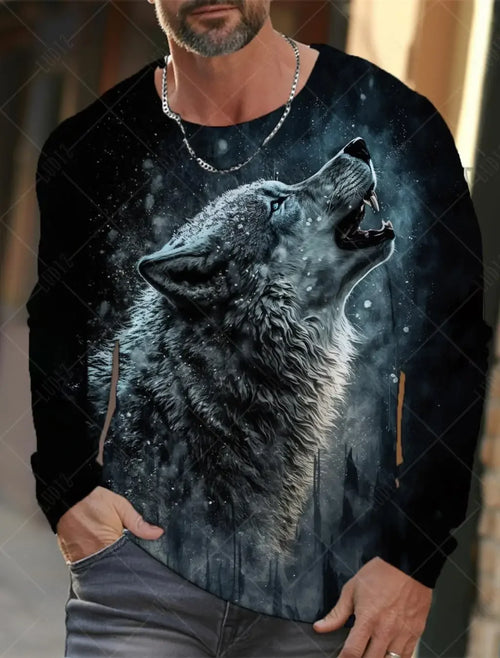 Men's T Shirts Vintage Animal Wolf Long Sleeve Tops Autumn Sweatshirt