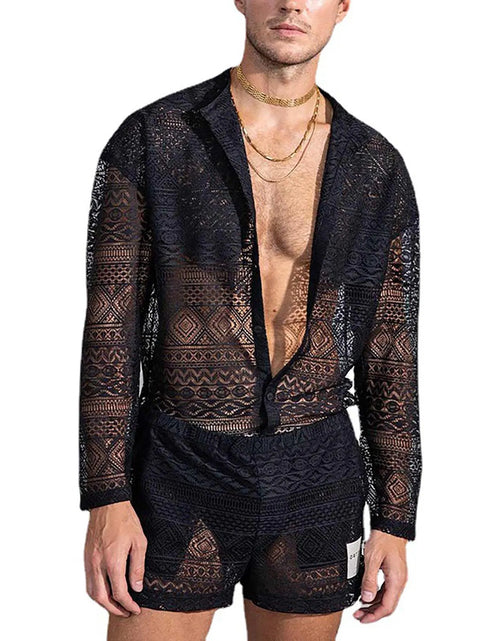 Load image into Gallery viewer, Sexy Lace Hollow Out Suit Fashion Long Sleeve Shirt Casual Shorts
