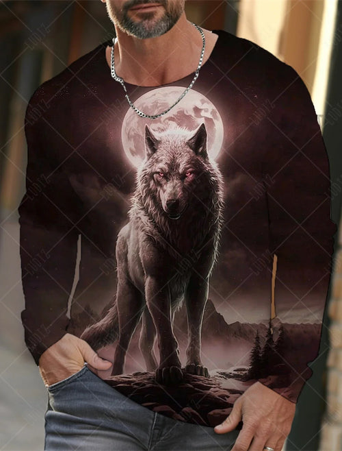 Men's T Shirts Vintage Animal Wolf Long Sleeve Tops Autumn Sweatshirt