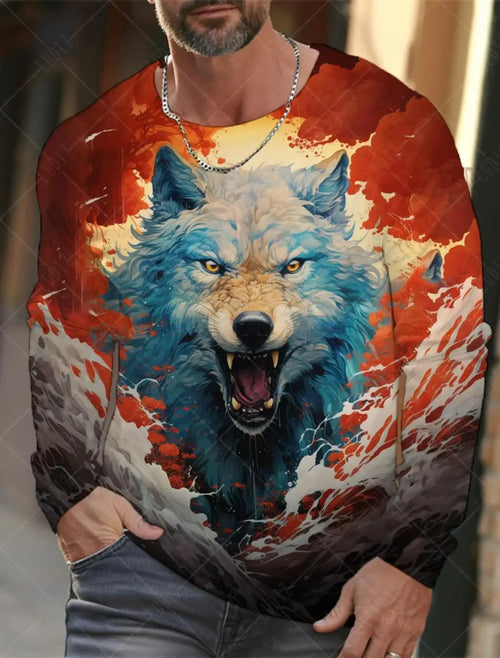 Men's T Shirts Vintage Animal Wolf Long Sleeve Tops Autumn Sweatshirt