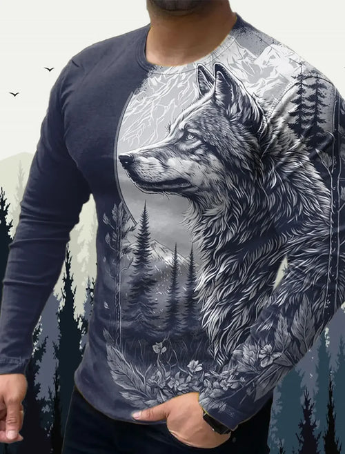 Men's T Shirts Vintage Animal Wolf Long Sleeve Tops Autumn Sweatshirt