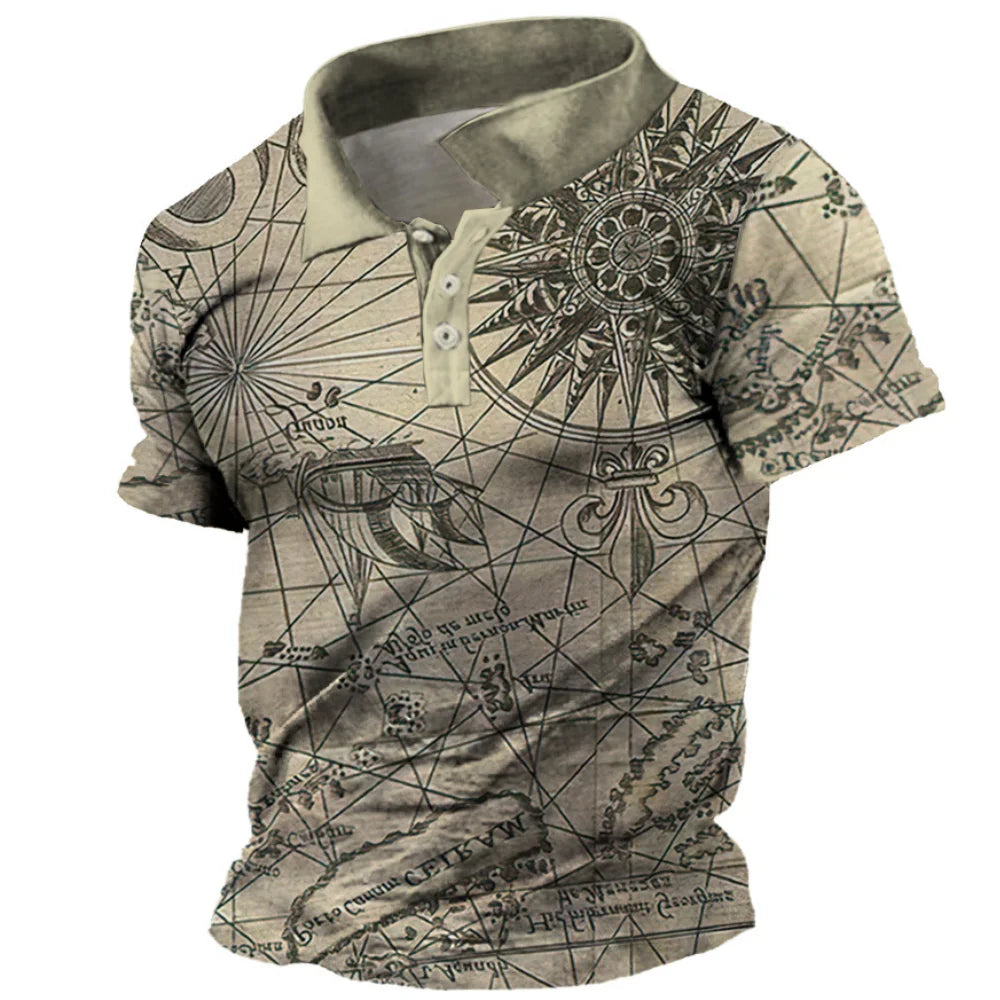 Men's Vintage Polo Shirts 3d Print Compass Shirt Lapel Male Casual