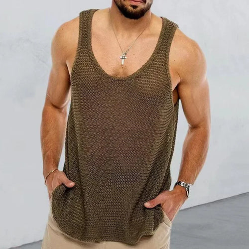 New 2024 Summer Vintage Ripped Knitted Tank Tops Men Slit Design Vest