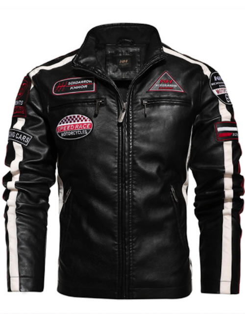 Load image into Gallery viewer, Mens Biker Vegan Leather Jacket With Badges
