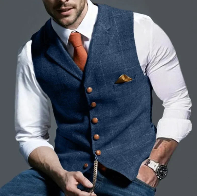 Men's Retro Suit Vest Fashion Plaid Lapel Single-breasted Waistcoat