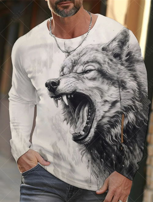 Men's T Shirts Vintage Animal Wolf Long Sleeve Tops Autumn Sweatshirt