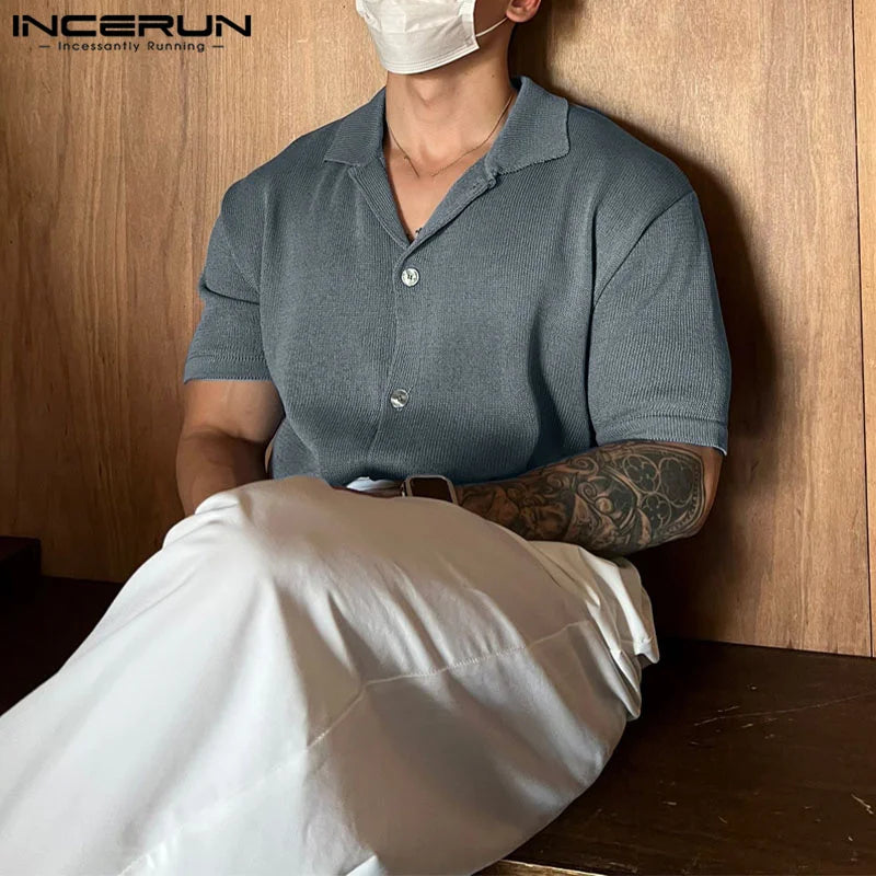 INCERUN Men Shirt Solid Color 2023 Lapel Short Sleeve Korean Style Men