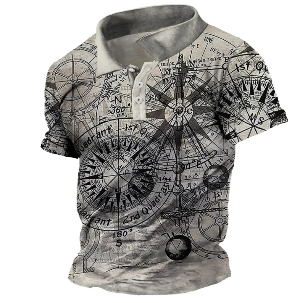 Men's Vintage Polo Shirts 3d Print Compass Shirt Lapel Male Casual