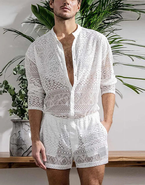 Load image into Gallery viewer, Sexy Lace Hollow Out Suit Fashion Long Sleeve Shirt Casual Shorts
