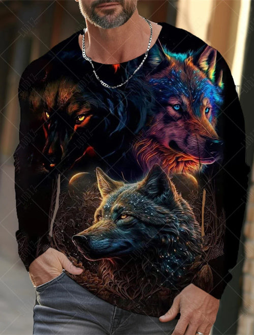 Men's T Shirts Vintage Animal Wolf Long Sleeve Tops Autumn Sweatshirt