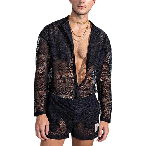 Load image into Gallery viewer, Sexy Lace Hollow Out Suit Fashion Long Sleeve Shirt Casual Shorts
