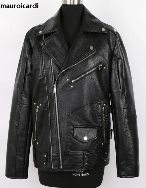 Load image into Gallery viewer, Mauroicardi Spring Autumn Black Pu Leather Biker Jacket for Men Style
