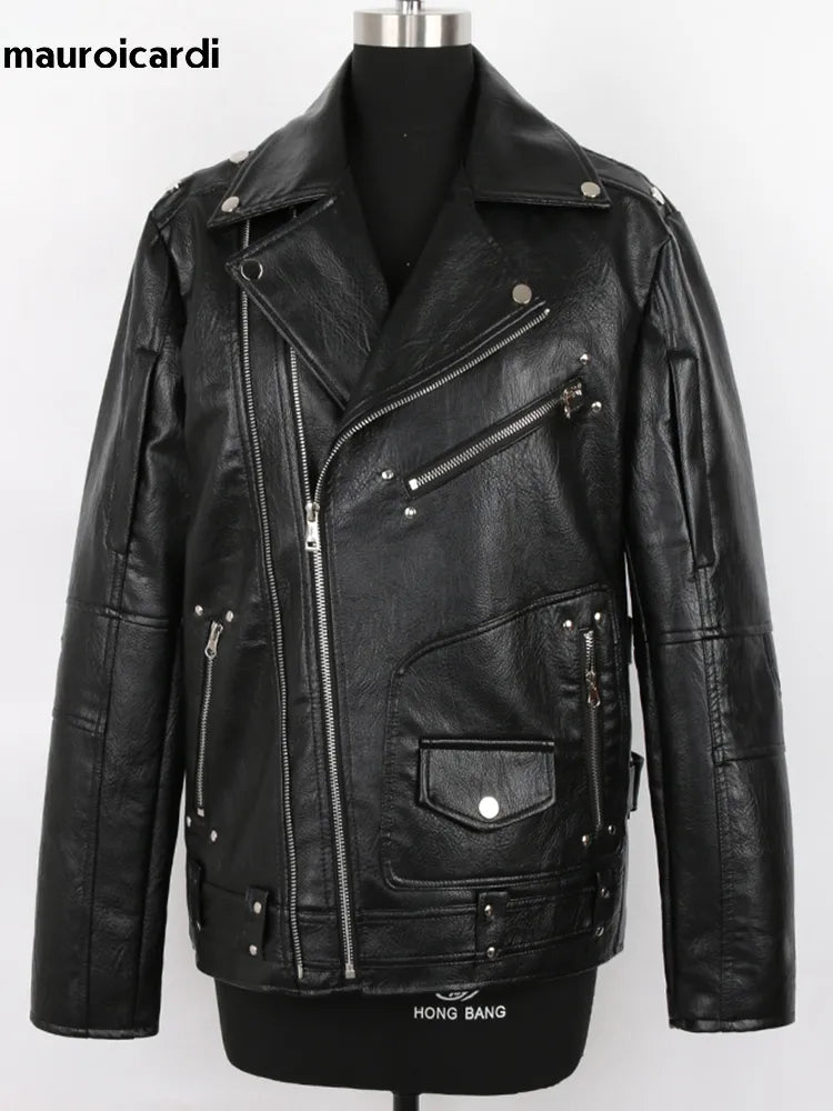 Mauroicardi Spring Autumn Black Pu Leather Biker Jacket for Men Style