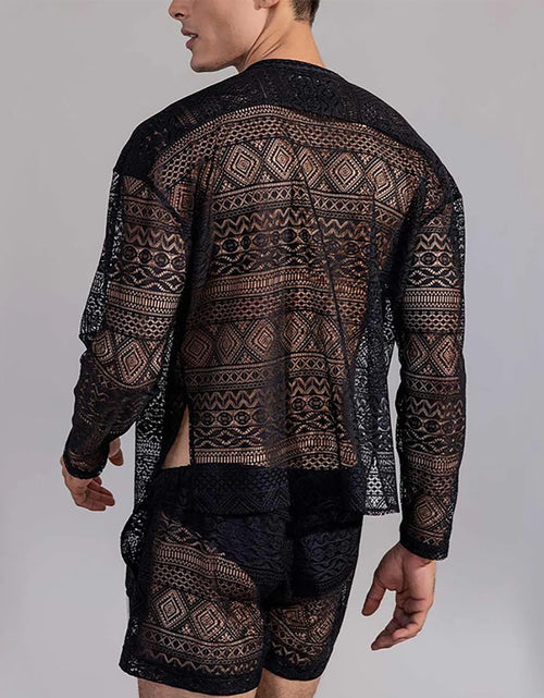 Load image into Gallery viewer, Sexy Lace Hollow Out Suit Fashion Long Sleeve Shirt Casual Shorts
