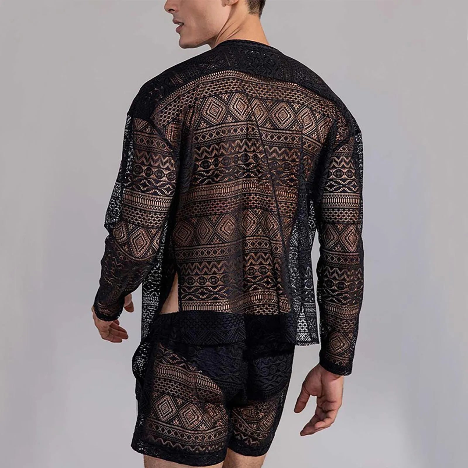 Sexy Lace Hollow Out Suit Fashion Long Sleeve Shirt Casual Shorts