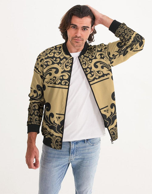 Load image into Gallery viewer, Bomber Jacket For Men, Black And Beige Vintage Pattern
