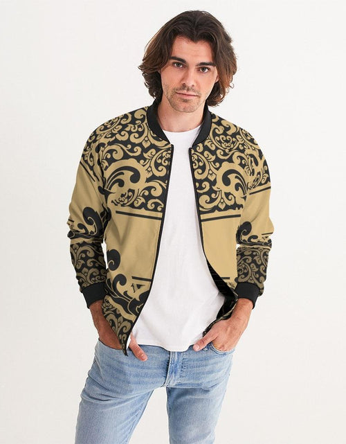 Load image into Gallery viewer, Bomber Jacket For Men, Black And Beige Vintage Pattern
